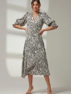 Animal Print Crepe Wrap Midi Dress, White