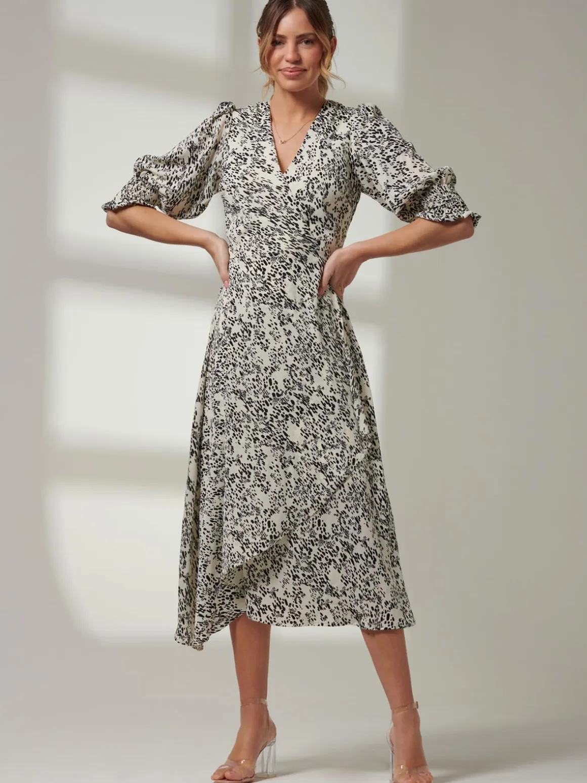 Animal Print Crepe Wrap Midi Dress, White