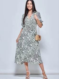 Animal Print Crepe Wrap Midi Dress, White