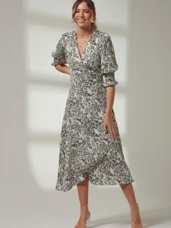 Animal Print Crepe Wrap Midi Dress, White