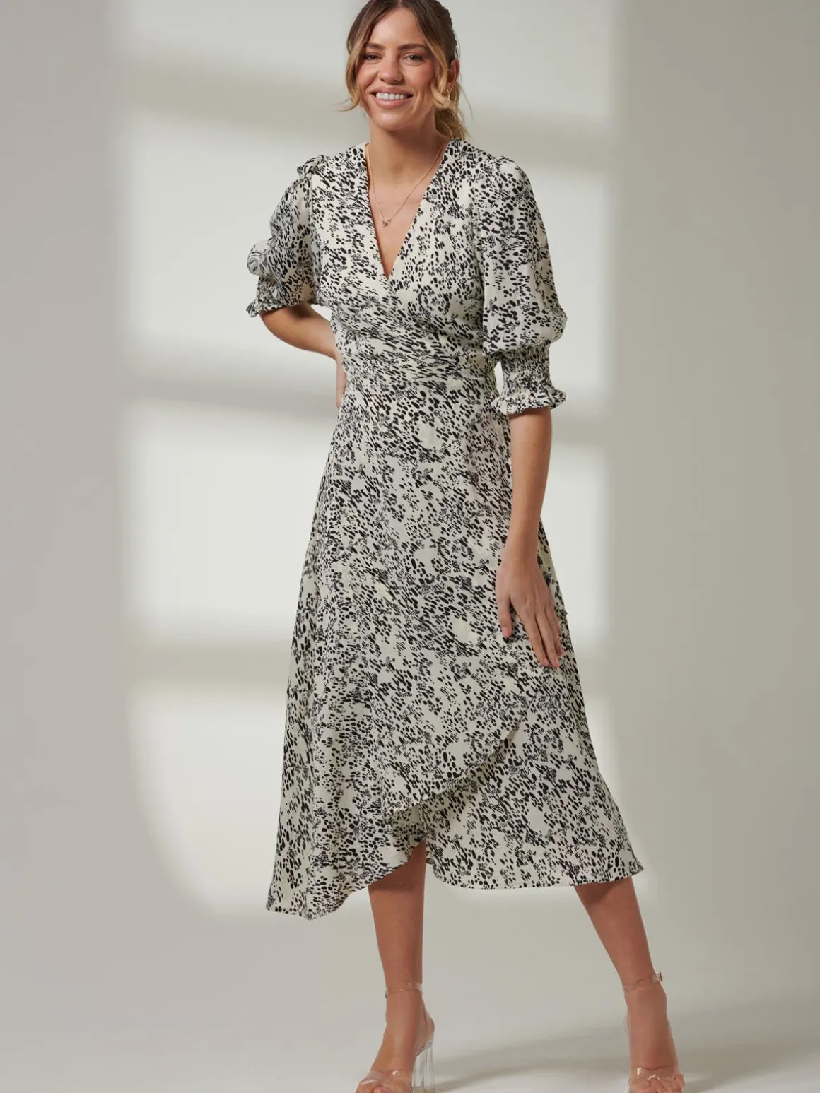 Animal Print Crepe Wrap Midi Dress, White