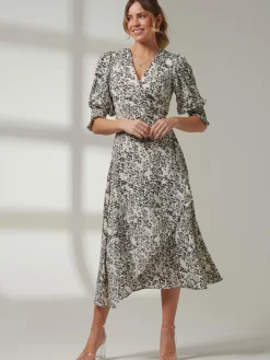 Animal Print Crepe Wrap Midi Dress, White