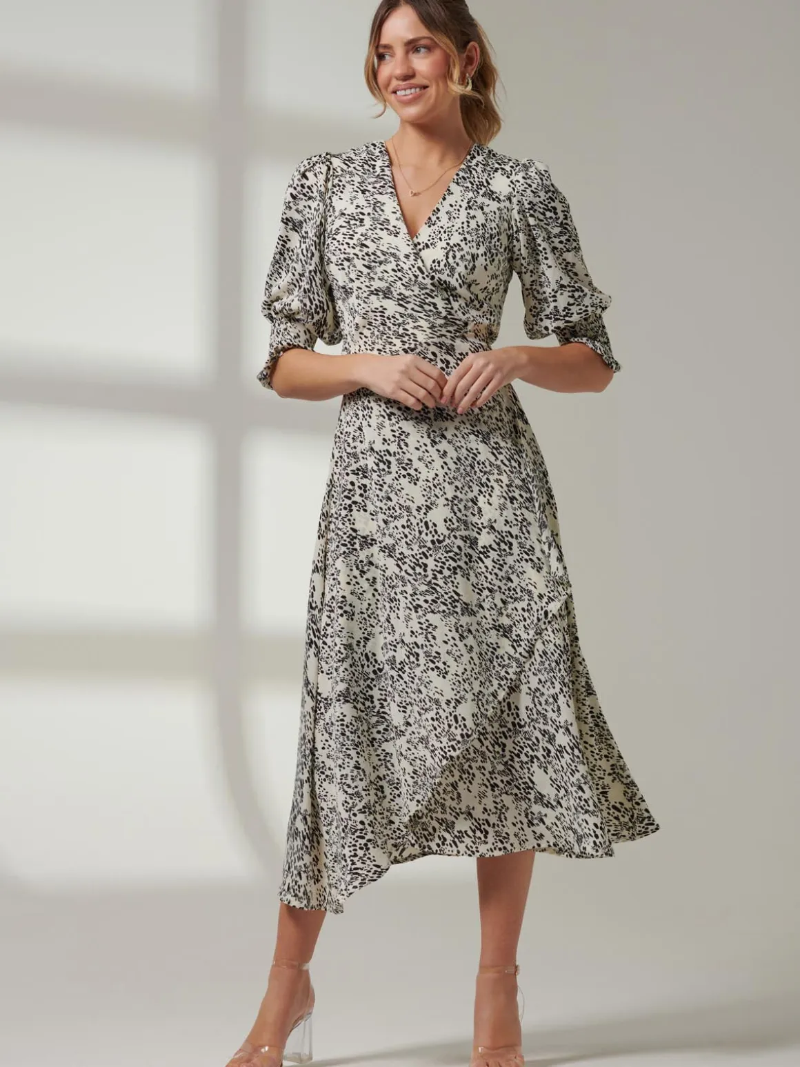 Animal Print Crepe Wrap Midi Dress, White