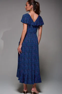 Animal Print Frill Maxi Dress, Blue Animal