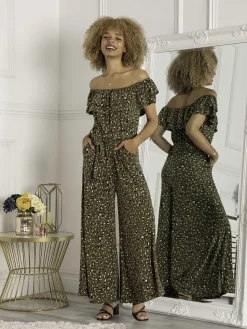 Animal Print Ruffle Jumpsuit, Green Animal