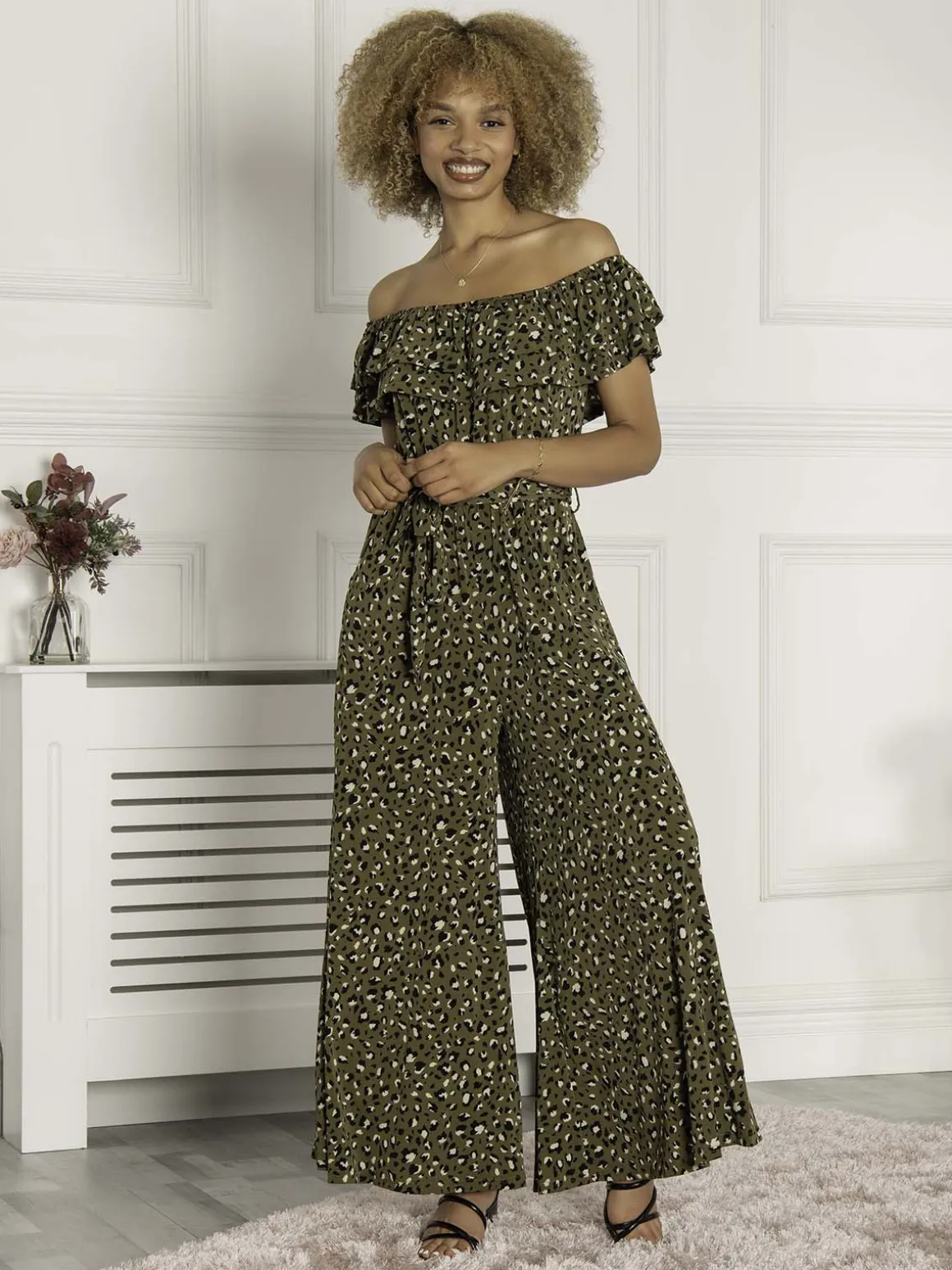 Animal Print Ruffle Jumpsuit, Green Animal