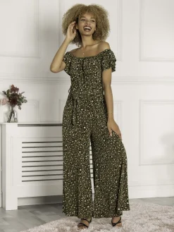 Animal Print Ruffle Jumpsuit, Green Animal