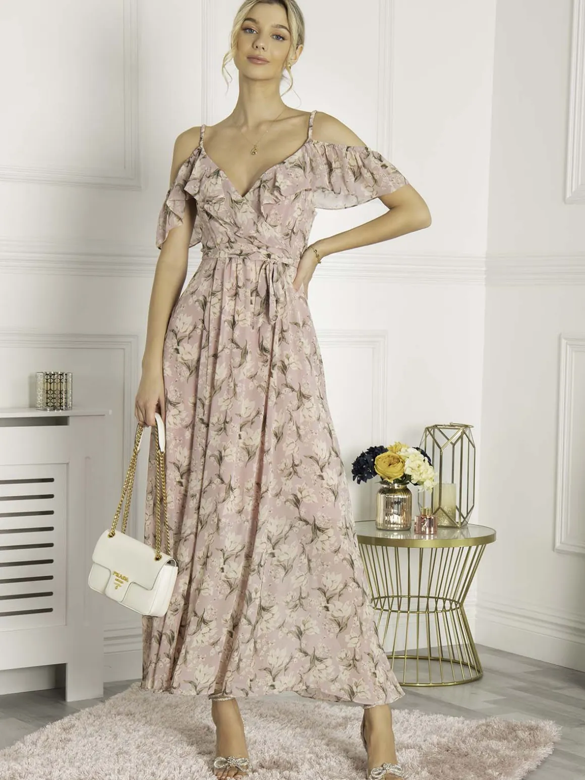 Antonella Frill Chiffon Maxi Dress, Pink Multi