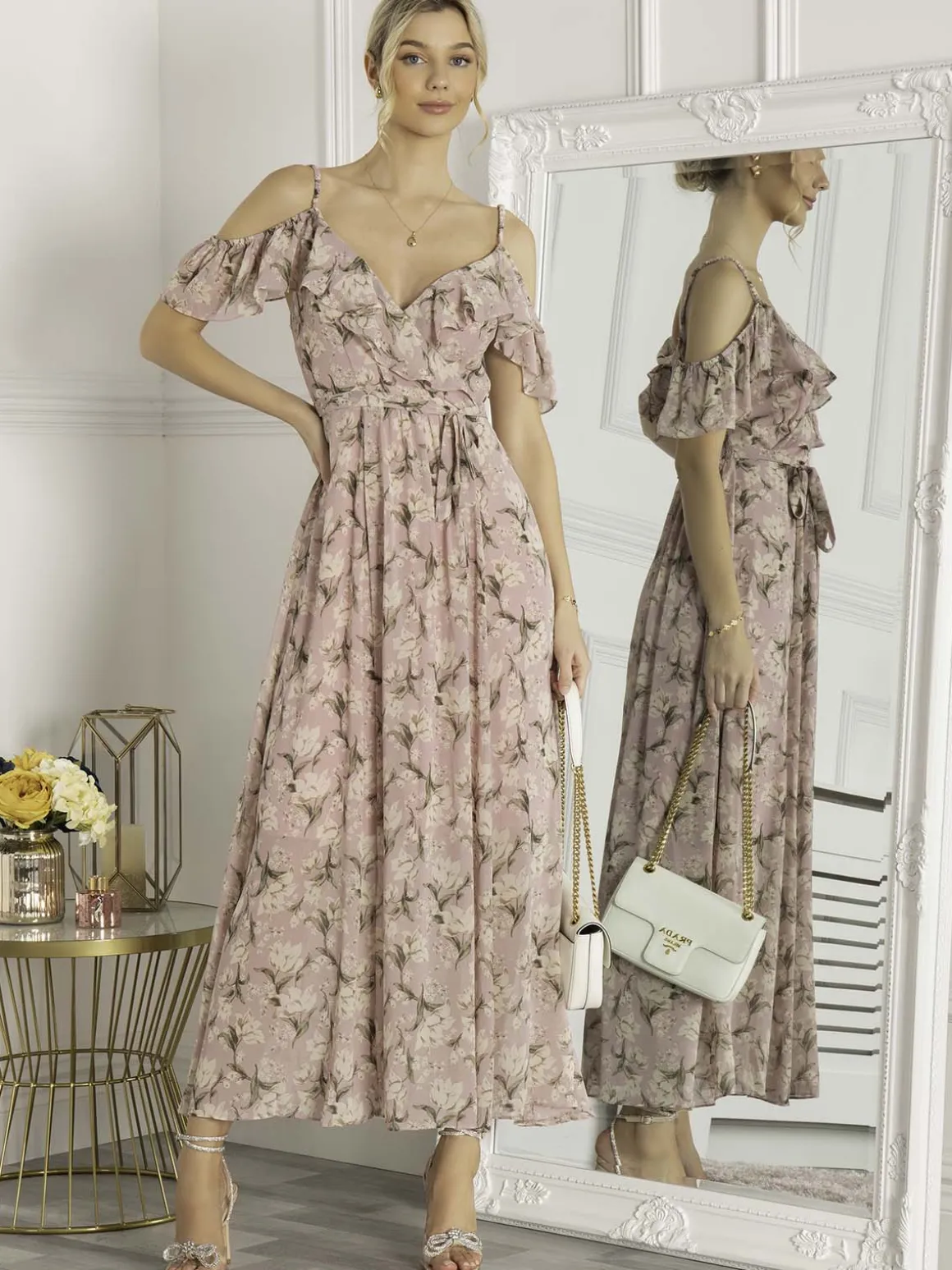 Antonella Frill Chiffon Maxi Dress, Pink Multi