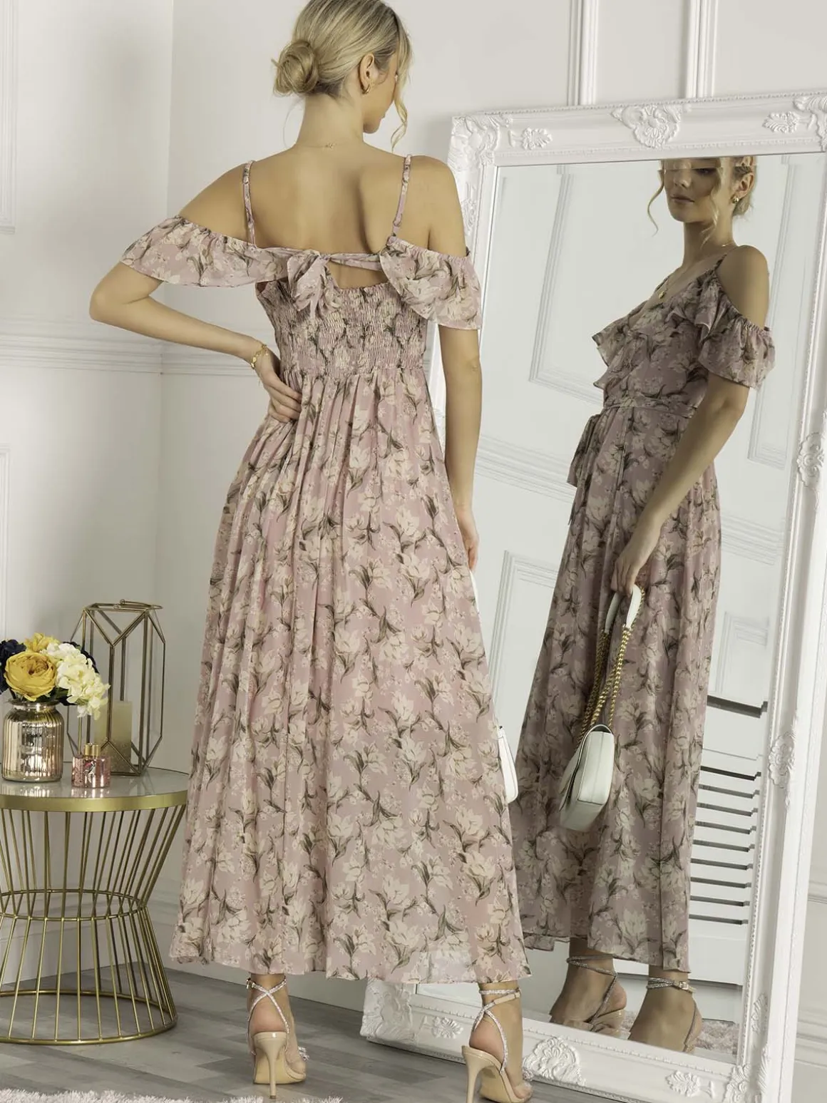 Antonella Frill Chiffon Maxi Dress, Pink Multi