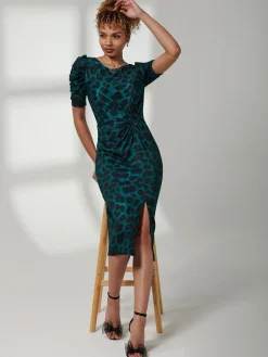 Arica Jersey Puff Sleeve Bodycon Midi Dress, Green Animal