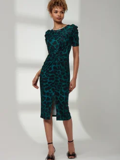 Arica Jersey Puff Sleeve Bodycon Midi Dress, Green Animal