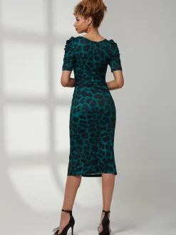 Arica Jersey Puff Sleeve Bodycon Midi Dress, Green Animal
