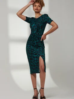 Arica Jersey Puff Sleeve Bodycon Midi Dress, Green Animal