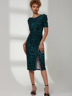 Arica Jersey Puff Sleeve Bodycon Midi Dress, Green Animal