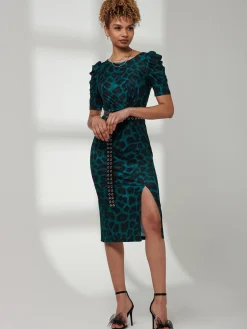 Arica Jersey Puff Sleeve Bodycon Midi Dress, Green Animal