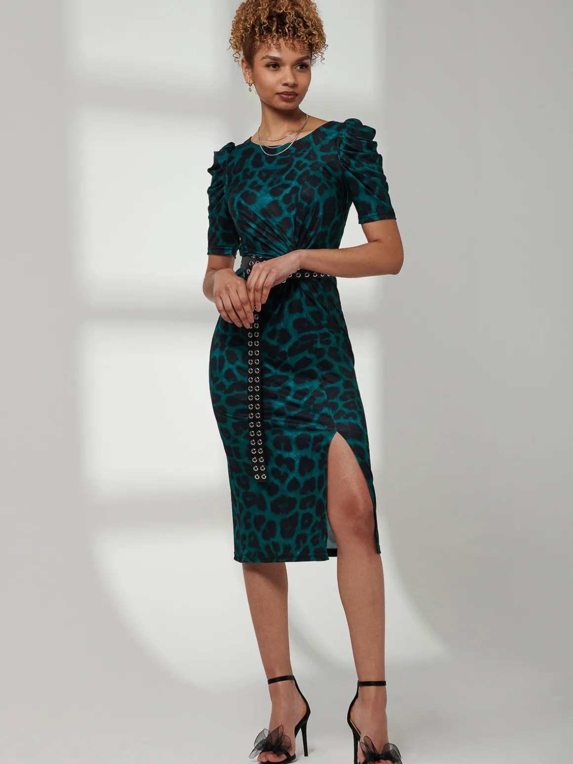 Arica Jersey Puff Sleeve Bodycon Midi Dress, Green Animal