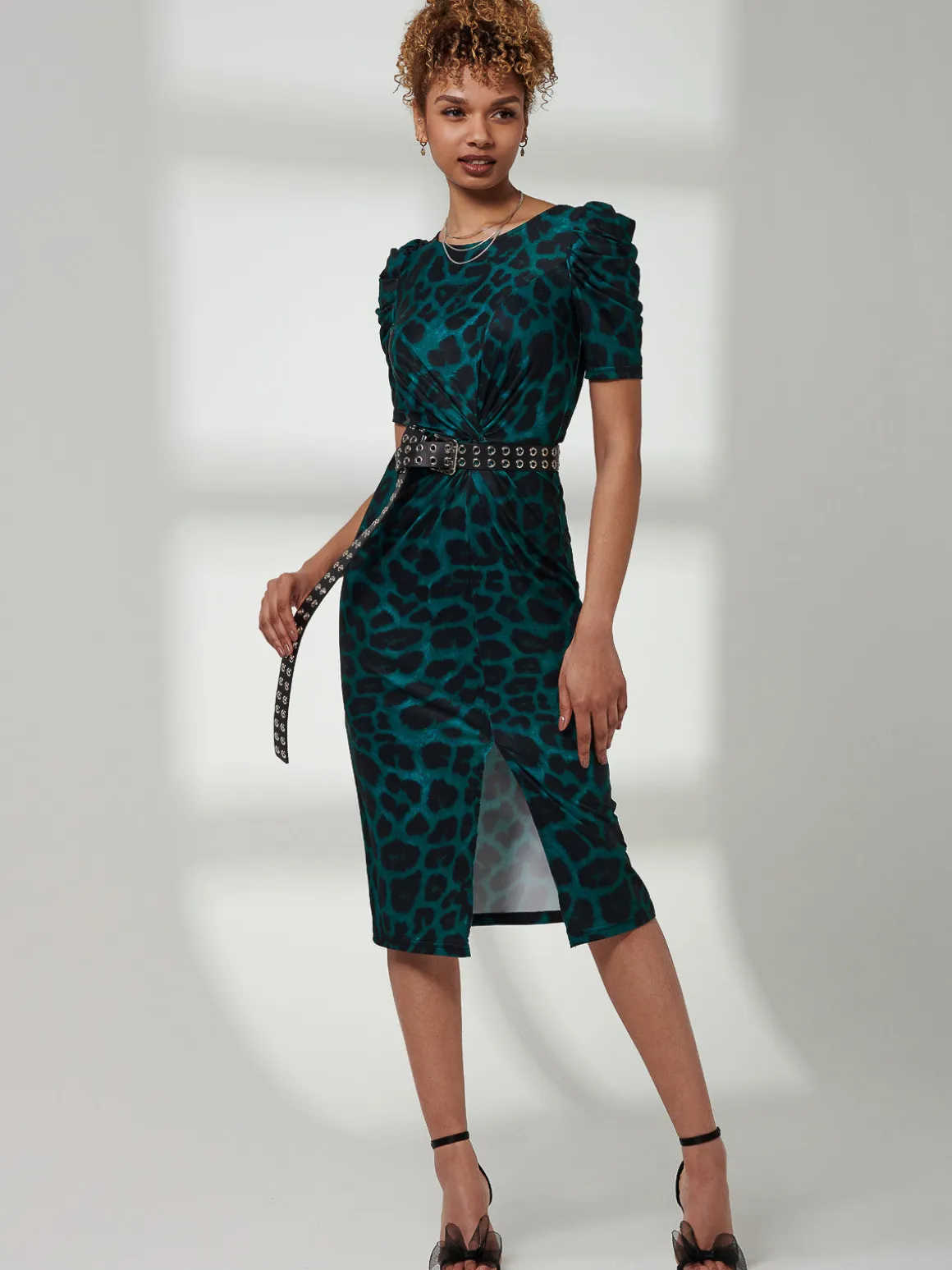 Arica Jersey Puff Sleeve Bodycon Midi Dress, Green Animal