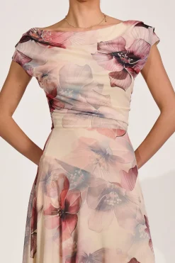 Asymmetrical Draped Mesh Maxi Dress, Beige Floral