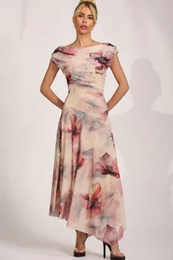 Asymmetrical Draped Mesh Maxi Dress, Beige Floral