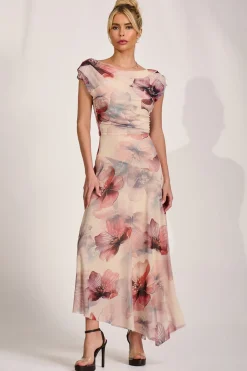 Asymmetrical Draped Mesh Maxi Dress, Beige Floral