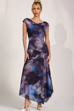 Asymmetrical Draped Mesh Maxi Dress, Blue Abstract
