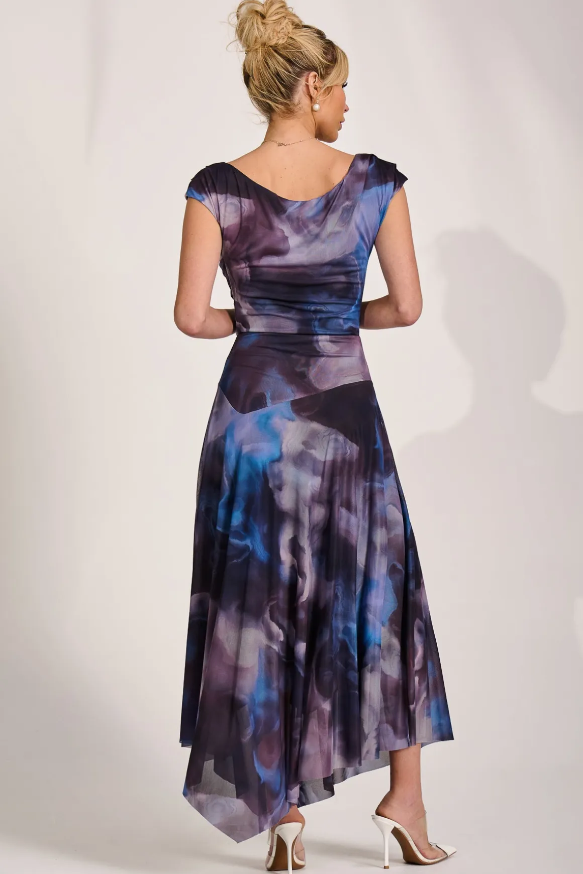 Asymmetrical Draped Mesh Maxi Dress, Blue Abstract