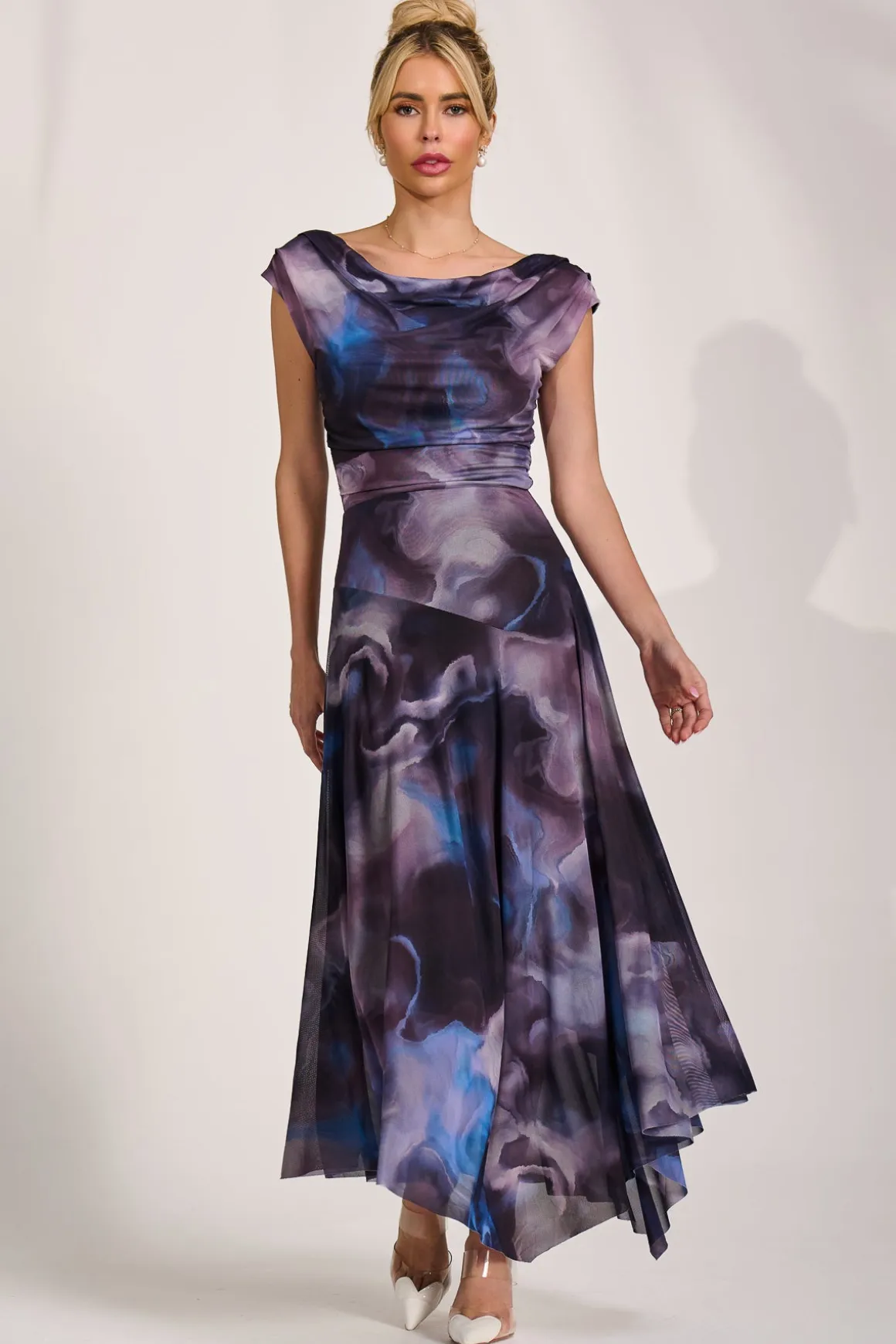 Asymmetrical Draped Mesh Maxi Dress, Blue Abstract