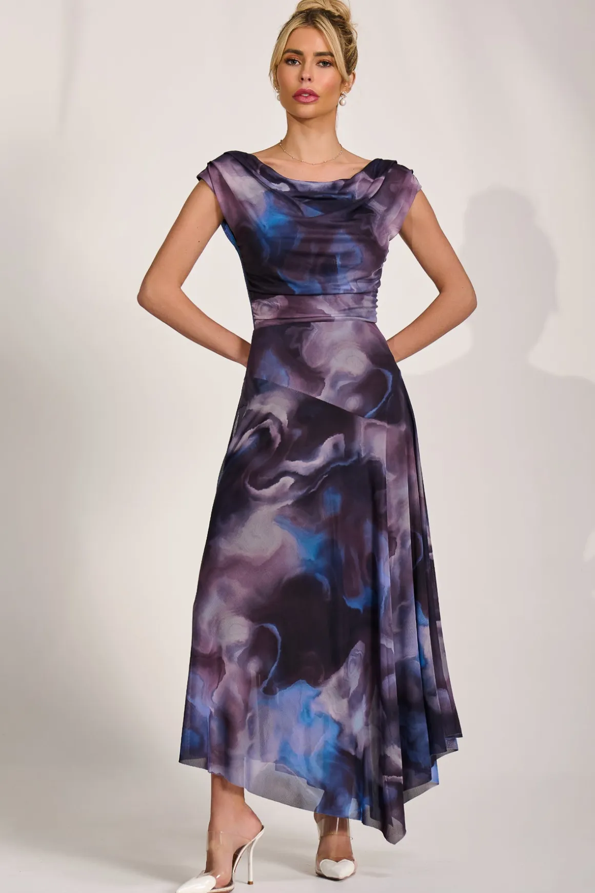 Asymmetrical Draped Mesh Maxi Dress, Blue Abstract