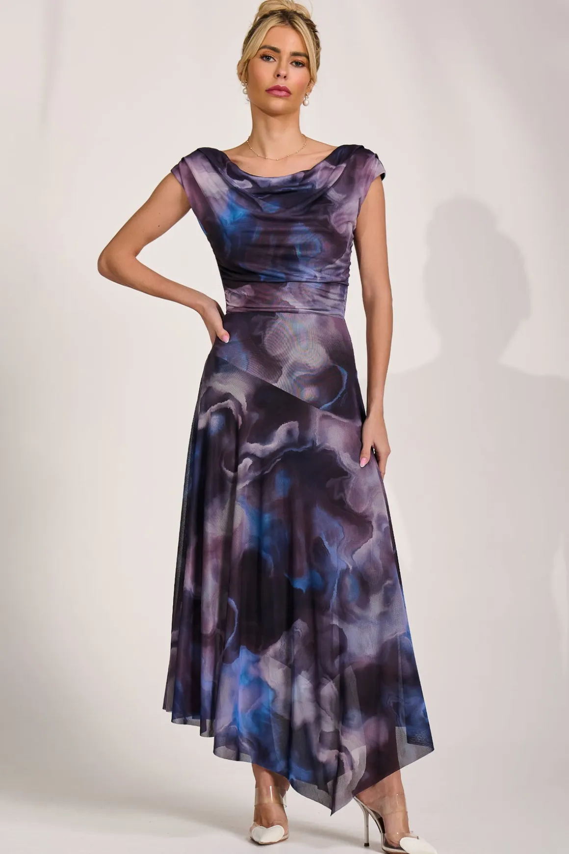 Asymmetrical Draped Mesh Maxi Dress, Blue Abstract