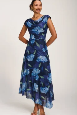 Asymmetrical Draped Mesh Maxi Dress, Navy Floral