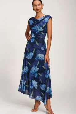 Asymmetrical Draped Mesh Maxi Dress, Navy Floral