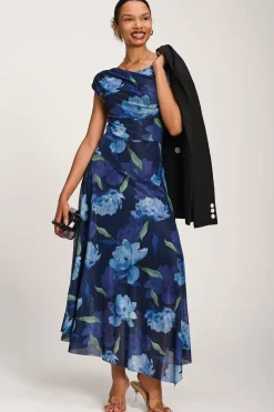 Asymmetrical Draped Mesh Maxi Dress, Navy Floral