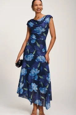 Asymmetrical Draped Mesh Maxi Dress, Navy Floral