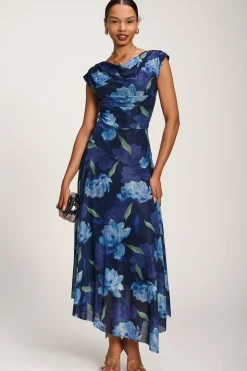 Asymmetrical Draped Mesh Maxi Dress, Navy Floral