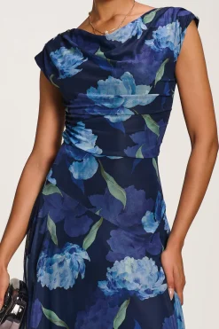 Asymmetrical Draped Mesh Maxi Dress, Navy Floral