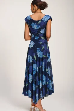 Asymmetrical Draped Mesh Maxi Dress, Navy Floral