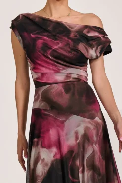 Asymmetrical Draped Mesh Maxi Dress, Pink Abstract