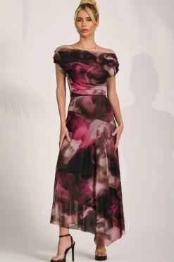 Asymmetrical Draped Mesh Maxi Dress, Pink Abstract