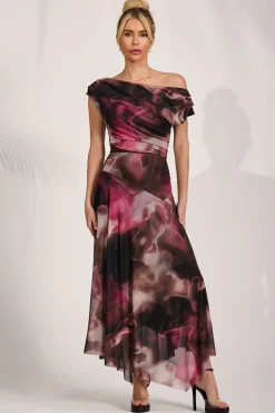 Asymmetrical Draped Mesh Maxi Dress, Pink Abstract