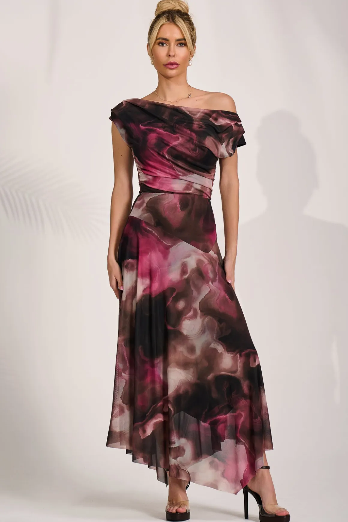 Asymmetrical Draped Mesh Maxi Dress, Pink Abstract