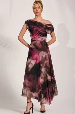 Asymmetrical Draped Mesh Maxi Dress, Pink Abstract