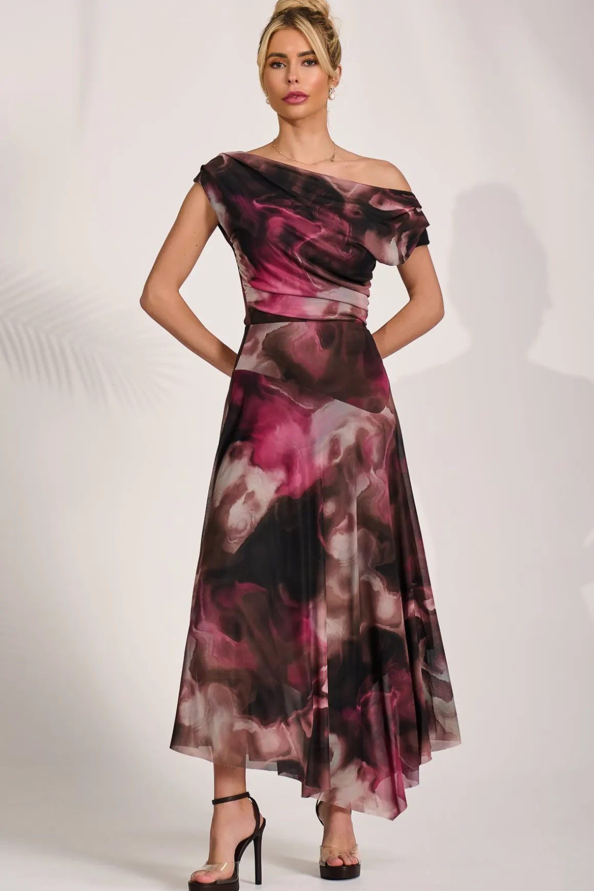Asymmetrical Draped Mesh Maxi Dress, Pink Abstract