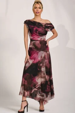 Asymmetrical Draped Mesh Maxi Dress, Pink Abstract