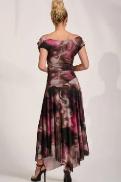 Asymmetrical Draped Mesh Maxi Dress, Pink Abstract