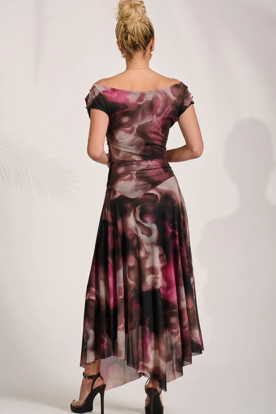 Asymmetrical Draped Mesh Maxi Dress, Pink Abstract