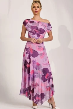 Asymmetrical Draped Mesh Maxi Dress, Pink Floral