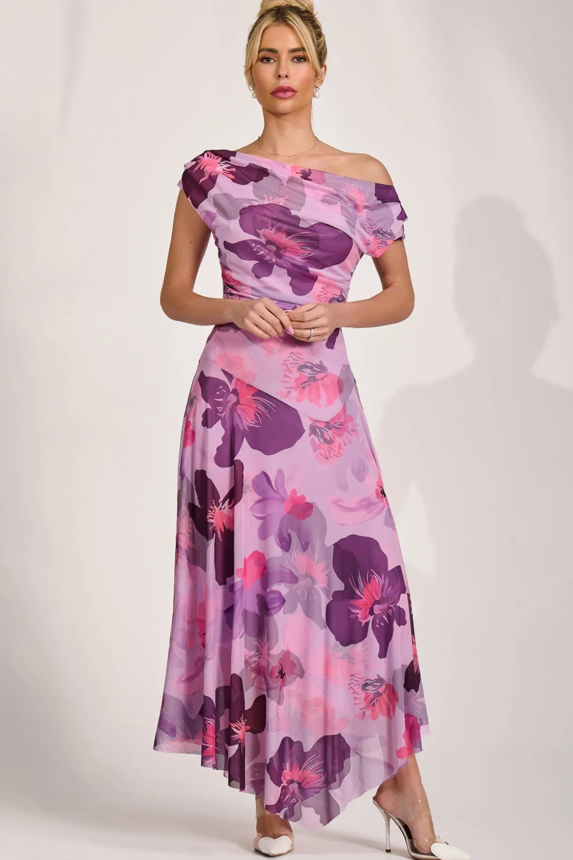 Asymmetrical Draped Mesh Maxi Dress, Pink Floral