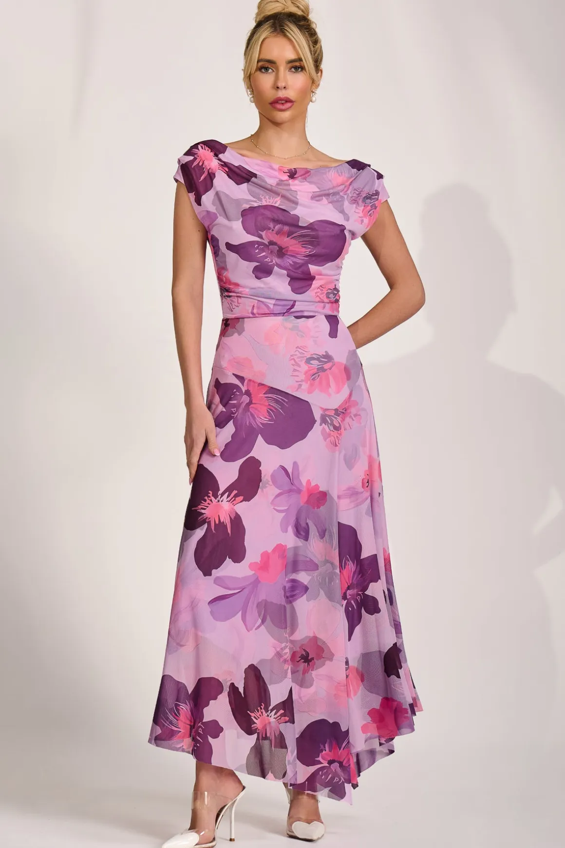 Asymmetrical Draped Mesh Maxi Dress, Pink Floral