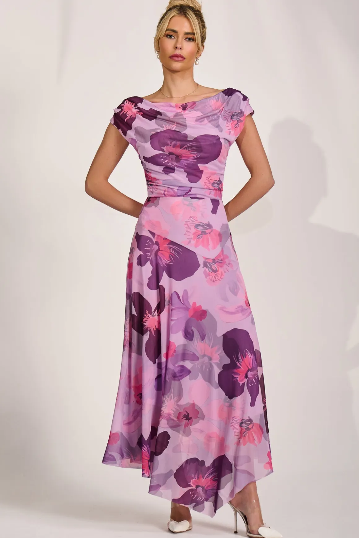 Asymmetrical Draped Mesh Maxi Dress, Pink Floral